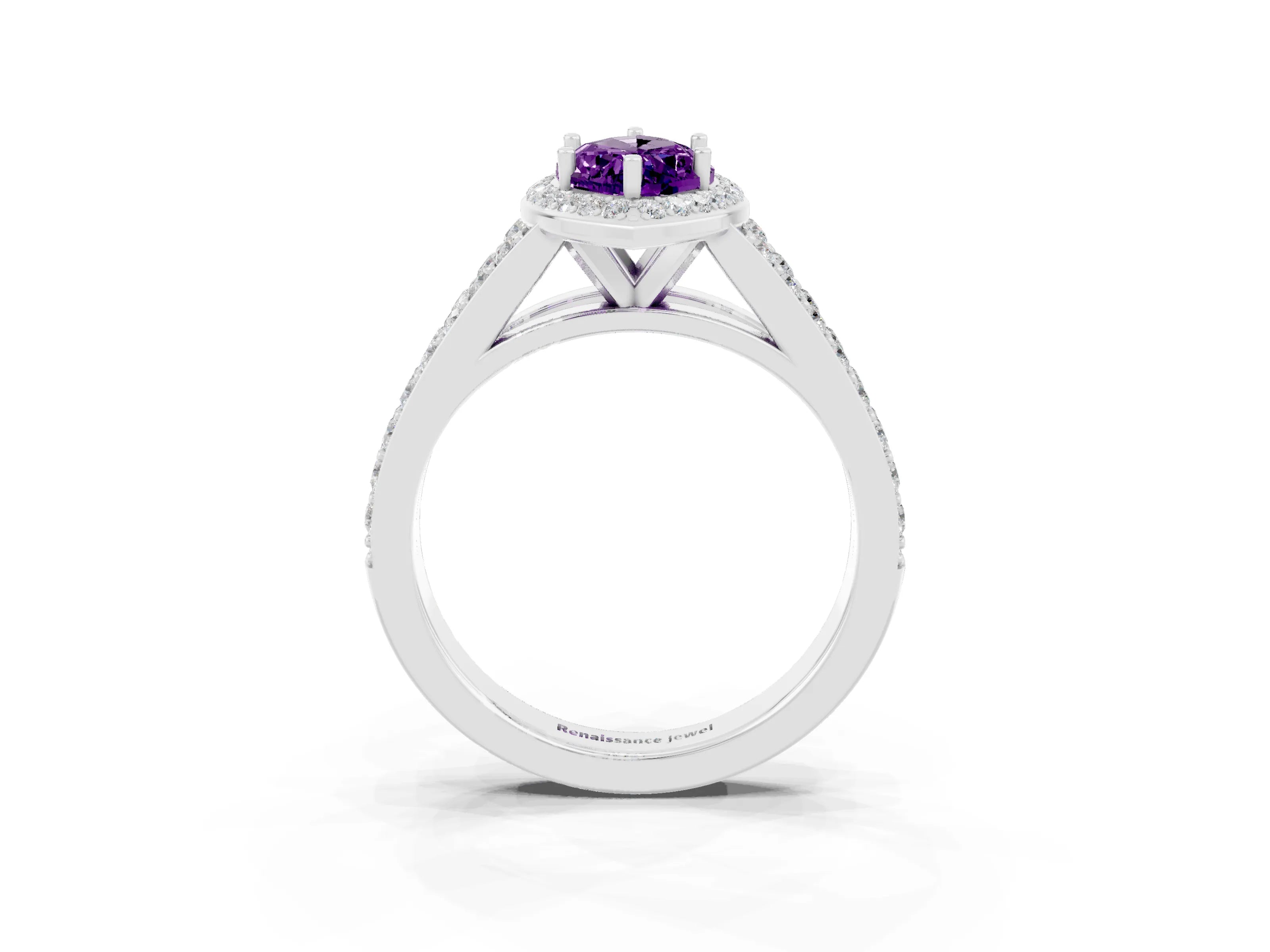 White gold Marquise Cut Amethyst Split Shank Halo Ring with Four-Prong Setting_15
