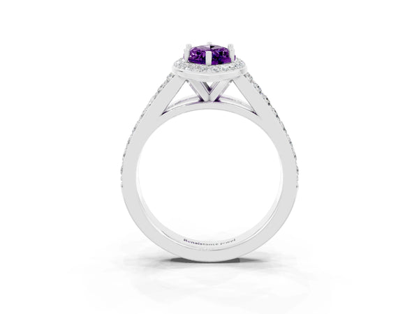 Platinum Marquise Cut Amethyst Split Shank Halo Ring with Four-Prong Setting