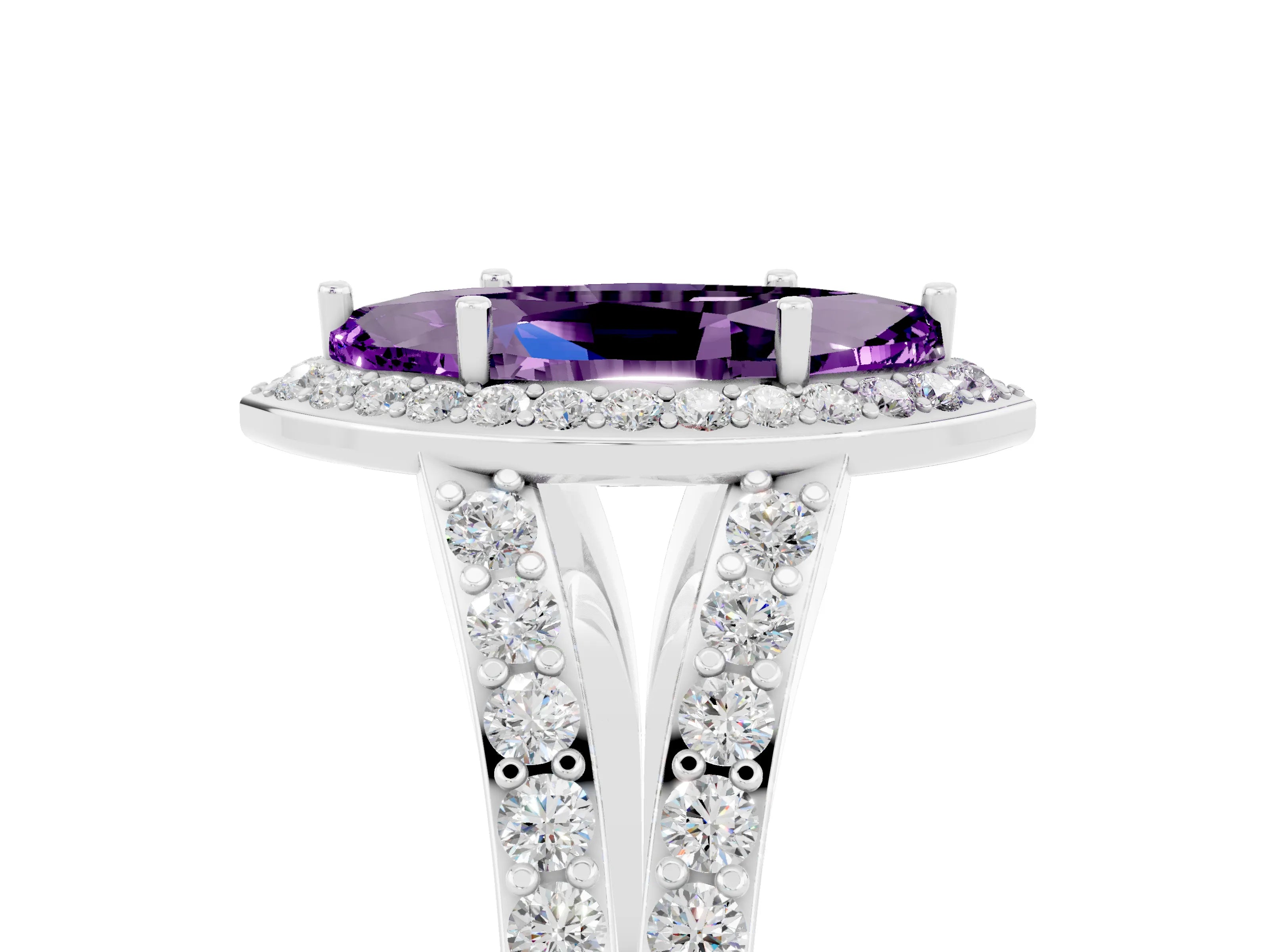 White gold Marquise Cut Amethyst Split Shank Halo Ring with Four-Prong Setting_17