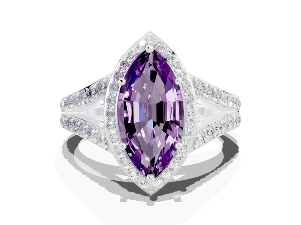 White gold Marquise Cut Amethyst Split Shank Halo Ring with Four-Prong Setting
