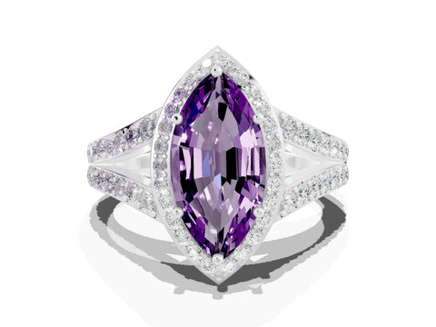 White gold Marquise Cut Amethyst Split Shank Halo Ring with Four-Prong Setting_24