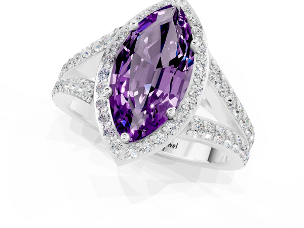 White gold Marquise Cut Amethyst Split Shank Halo Ring with Four-Prong Setting