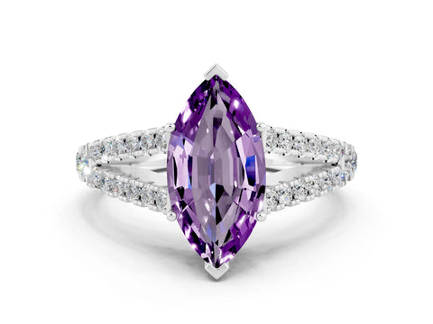 White gold Marquise Cut Amethyst Split Shank Pavé Engagement Ring with Four-Prong Setting_12