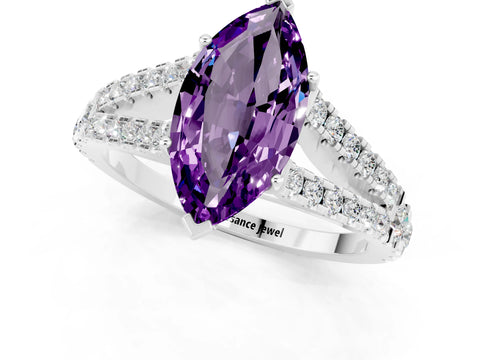 White gold Marquise Cut Amethyst Split Shank Pavé Engagement Ring with Four-Prong Setting_13