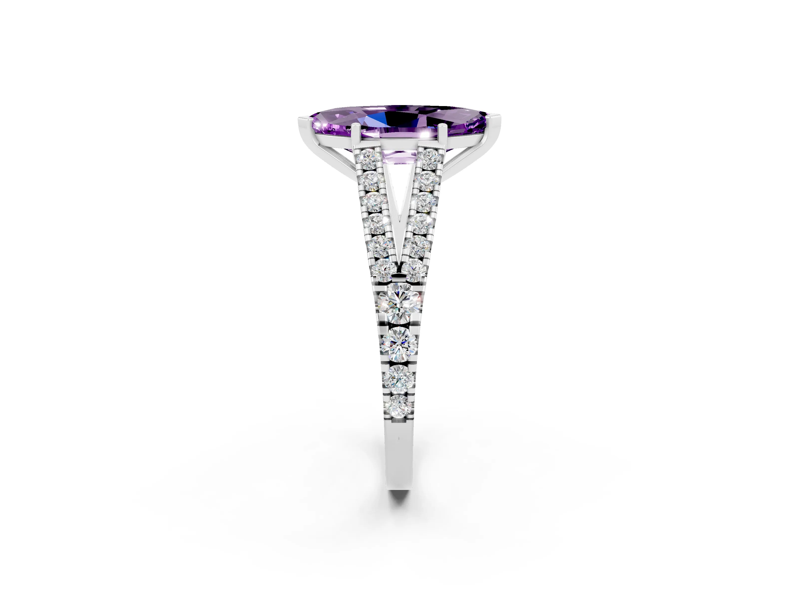 White gold Marquise Cut Amethyst Split Shank Pavé Engagement Ring with Four-Prong Setting_14