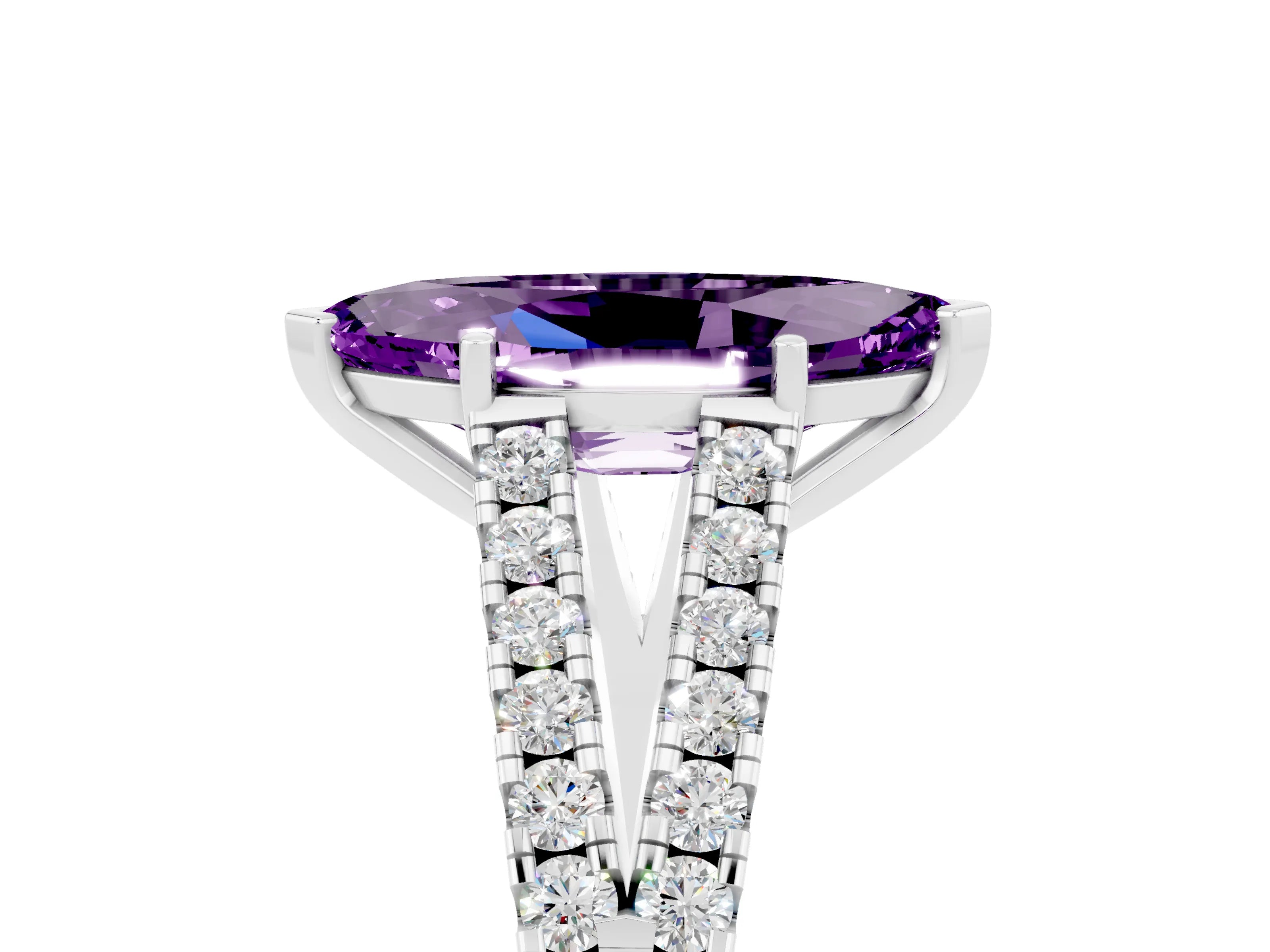 White gold Marquise Cut Amethyst Split Shank Pavé Engagement Ring with Four-Prong Setting_17