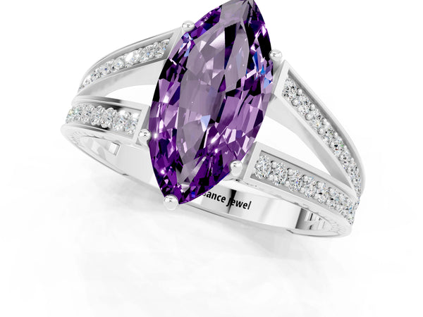 Silver Marquise Cut Amethyst Split Shank Ring with Pavé Band and Four-Prong Setting