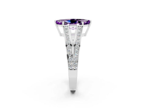 White gold Marquise Cut Amethyst Split Shank Ring with Pavé Band and Four-Prong Setting_2