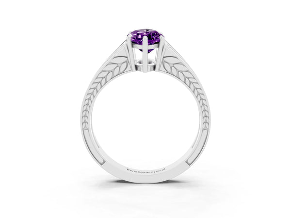 Silver Marquise Cut Amethyst Split Shank Ring with Pavé Band and Four-Prong Setting