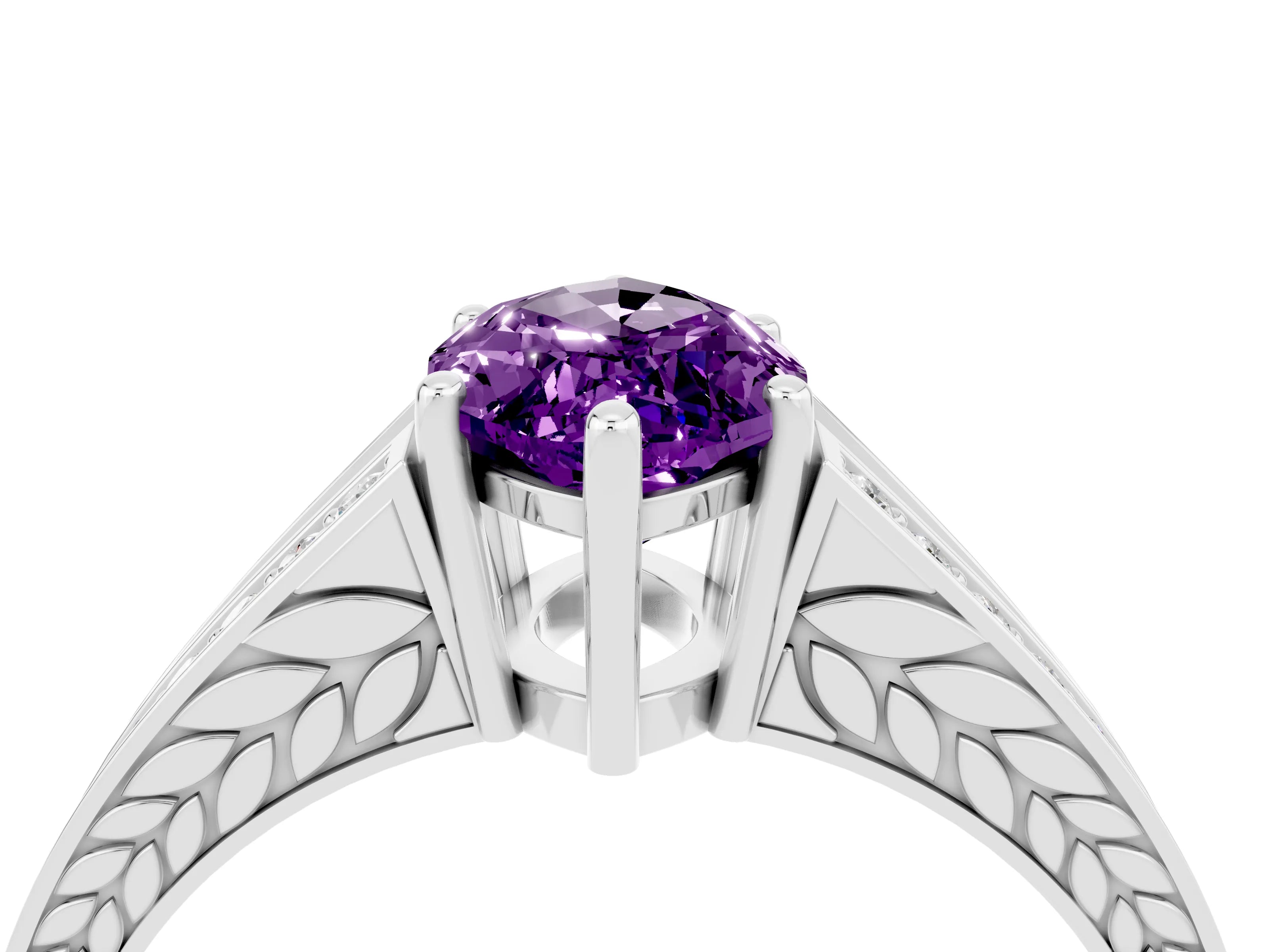 White gold Marquise Cut Amethyst Split Shank Ring with Pavé Band and Four-Prong Setting_4