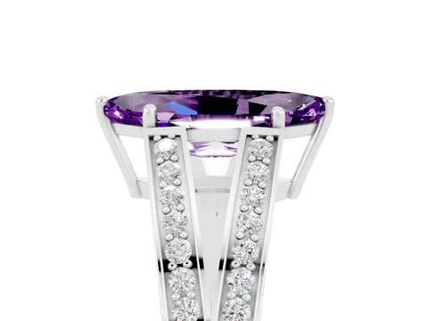 White gold Marquise Cut Amethyst Split Shank Ring with Pavé Band and Four-Prong Setting_5