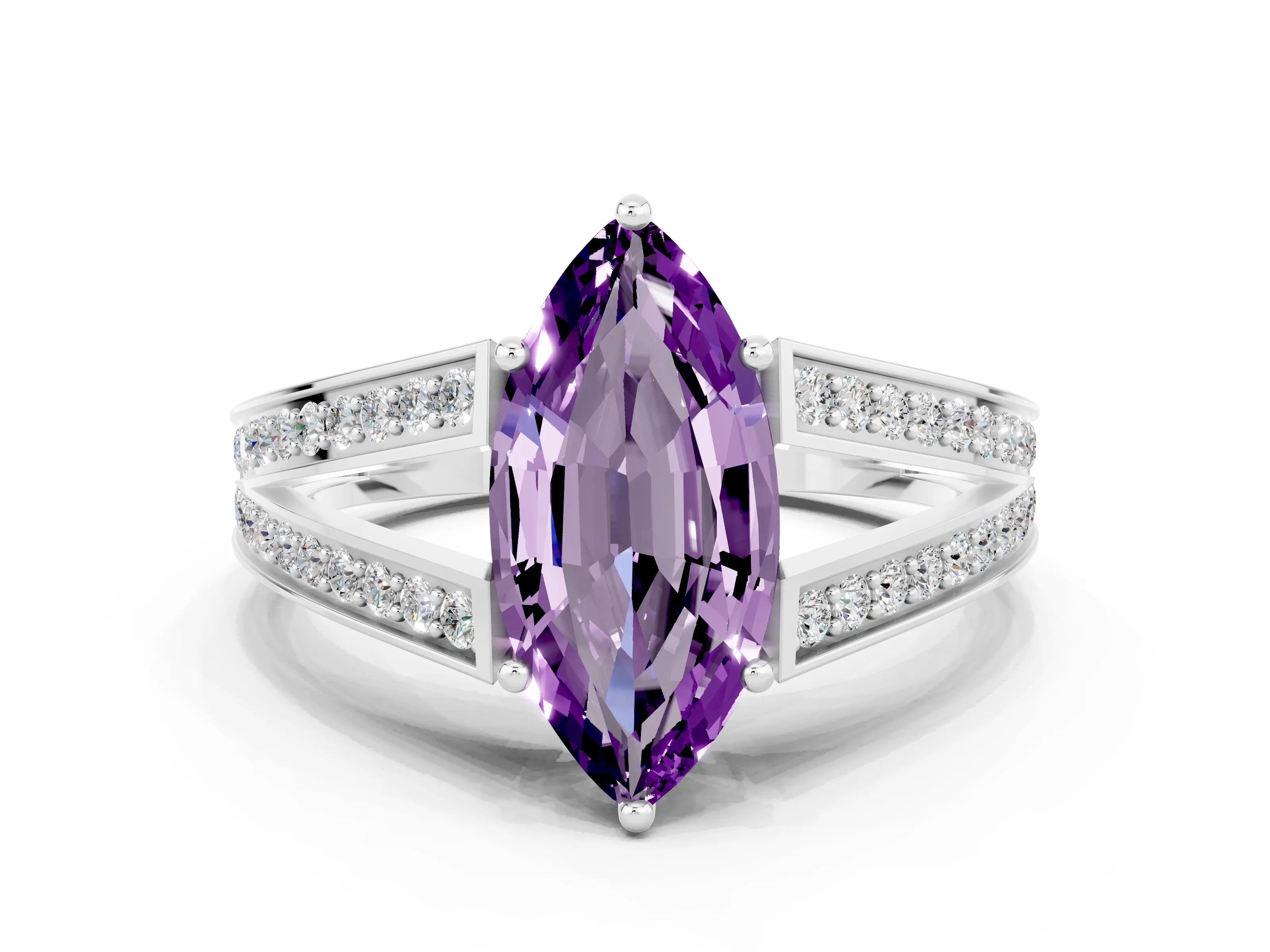 White gold Marquise Cut Amethyst Split Shank Ring with Pavé Band and Four-Prong Setting