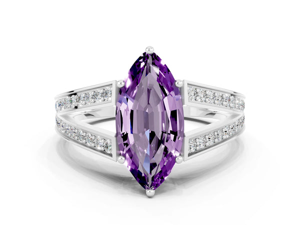White gold Marquise Cut Amethyst Split Shank Ring with Pavé Band and Four-Prong Setting