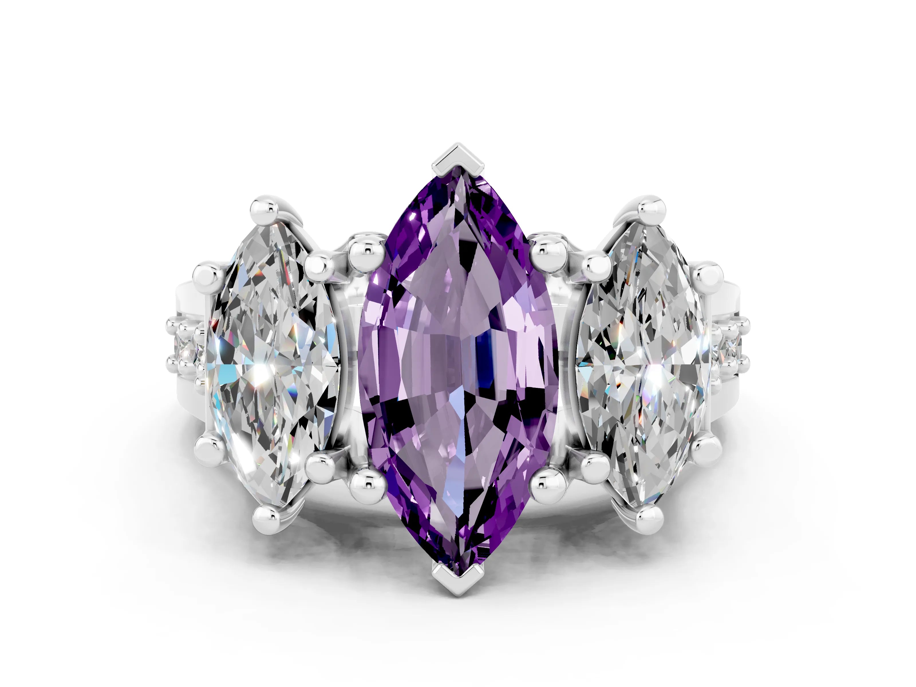 White gold Marquise Cut Amethyst Three-Stone Ring with Channel Set Band and Four-Prong Setting