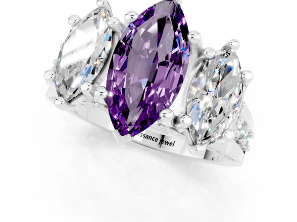 Platinum Marquise Cut Amethyst Three-Stone Ring with Channel Set Band and Four-Prong Setting
