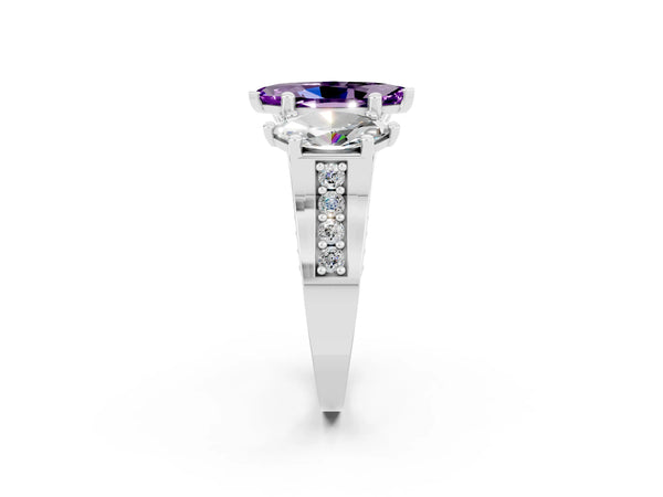 Platinum Marquise Cut Amethyst Three-Stone Ring with Channel Set Band and Four-Prong Setting
