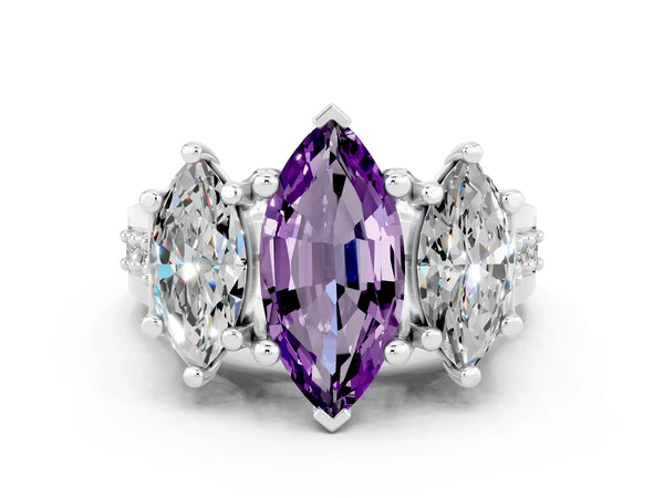 Silver Marquise Cut Amethyst Three-Stone Ring with Channel Set Band and Four-Prong Setting