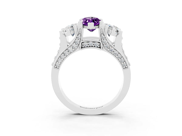 Platinum Marquise Cut Amethyst Three-Stone Ring with Channel Set Band and Four-Prong Setting