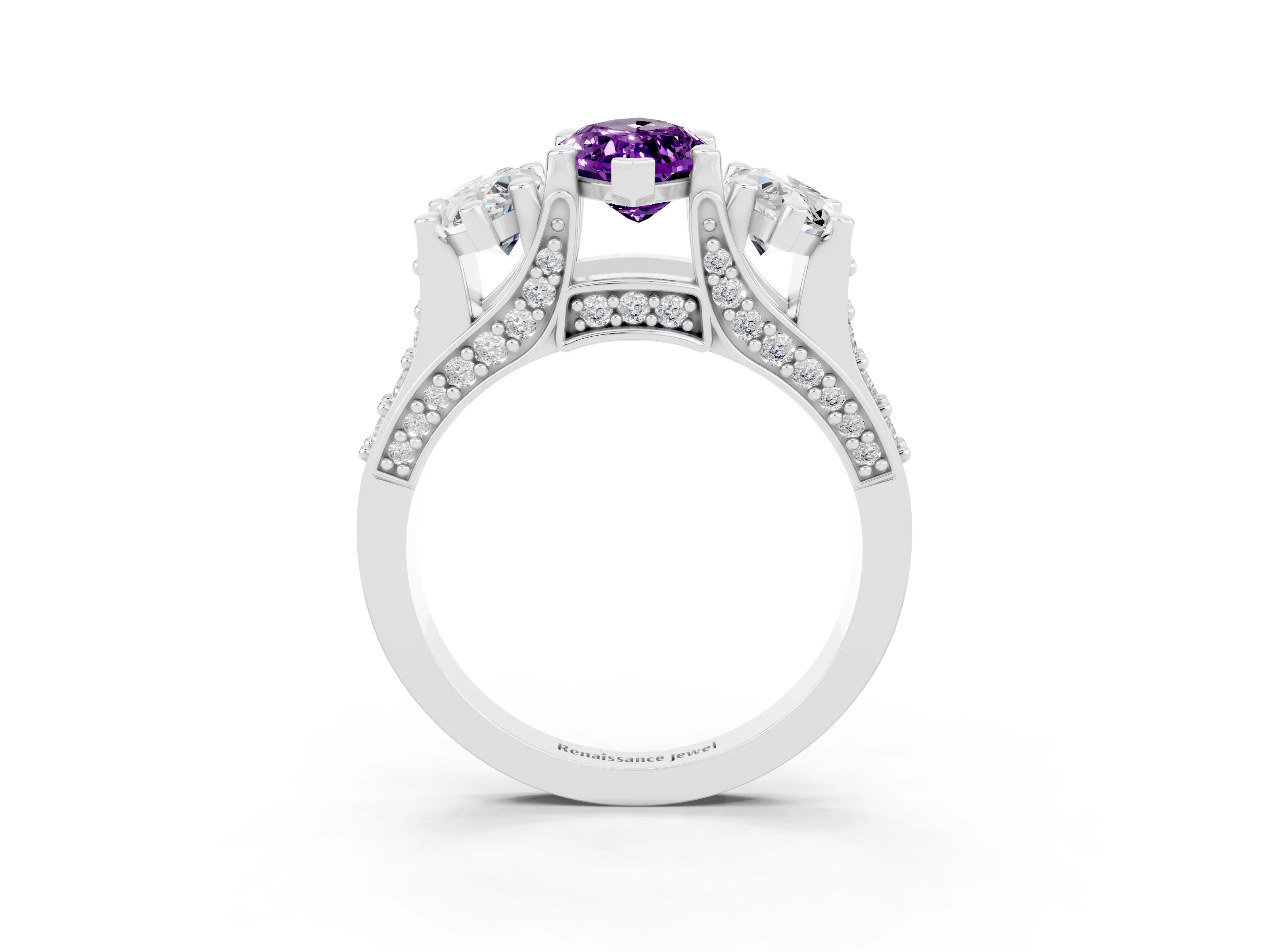 White gold Marquise Cut Amethyst Three-Stone Ring with Channel Set Band and Four-Prong Setting_3