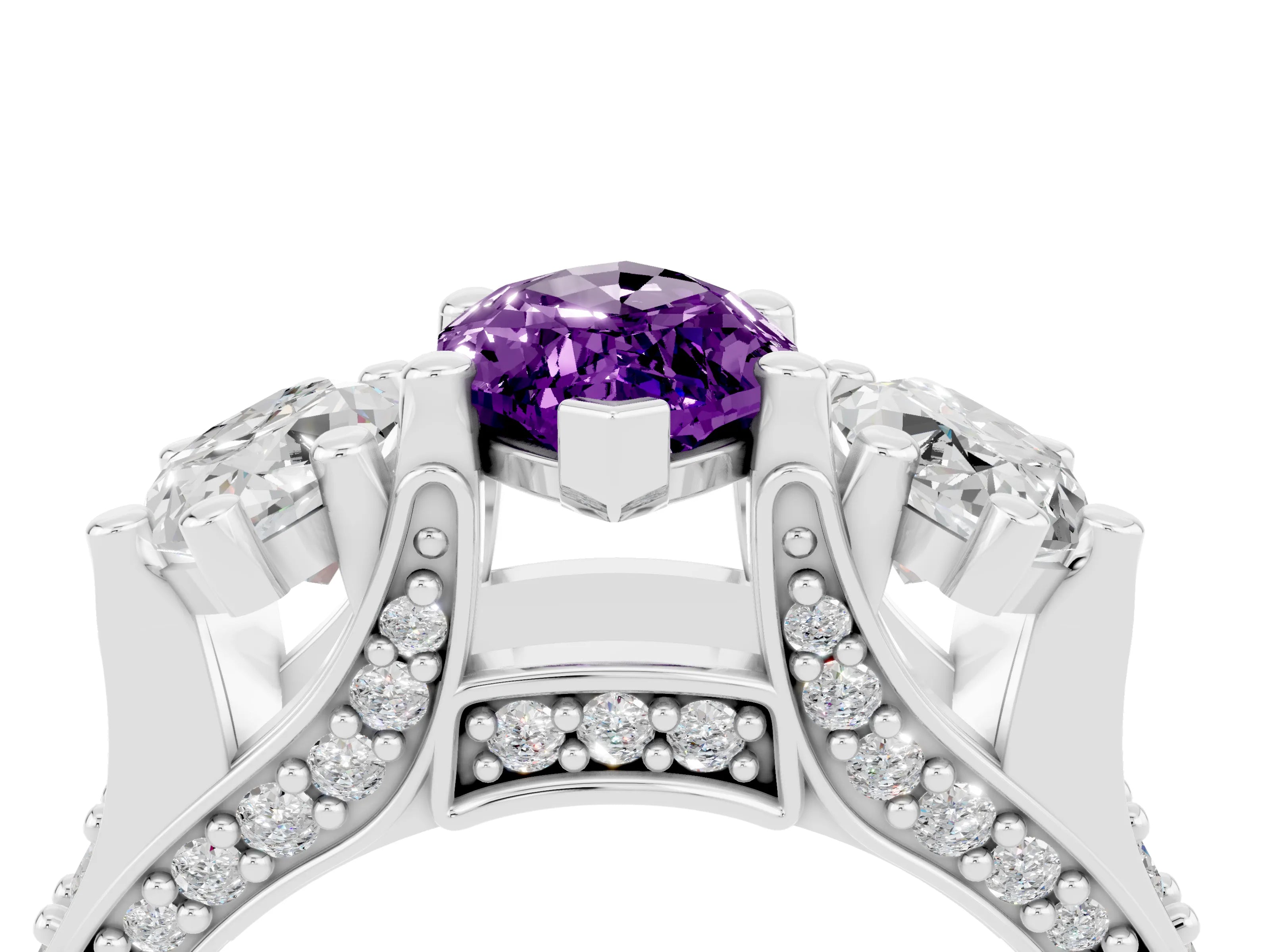 White gold Marquise Cut Amethyst Three-Stone Ring with Channel Set Band and Four-Prong Setting_4