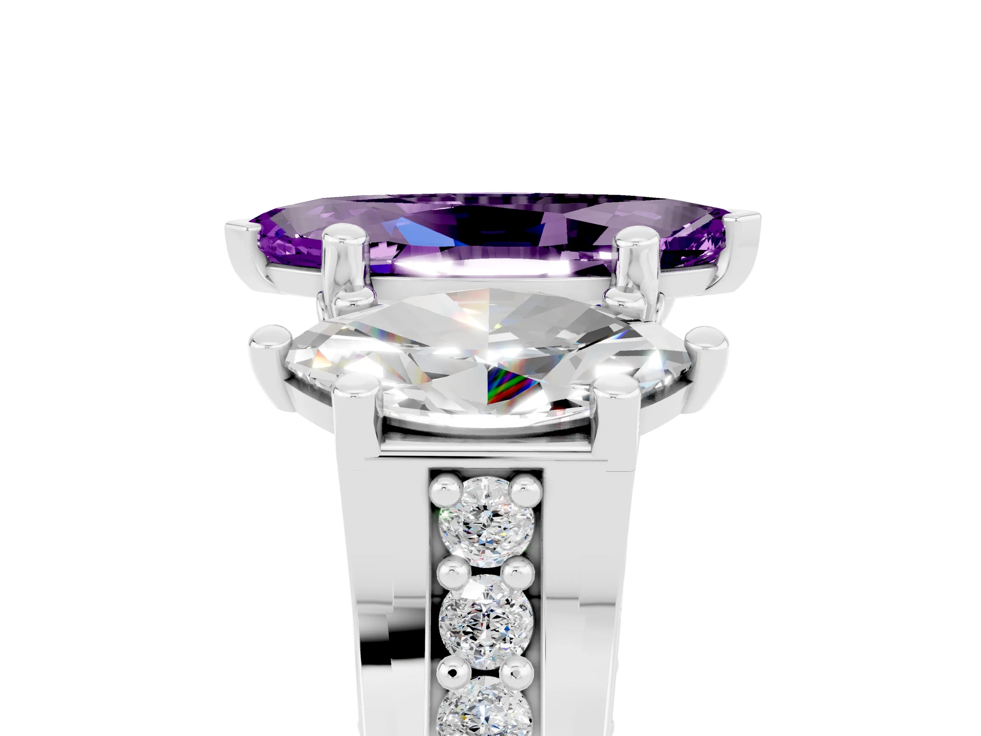 White gold Marquise Cut Amethyst Three-Stone Ring with Channel Set Band and Four-Prong Setting_5