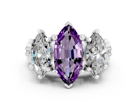 White gold Marquise Cut Amethyst Three-Stone Ring with Channel Set Band and Four-Prong Setting