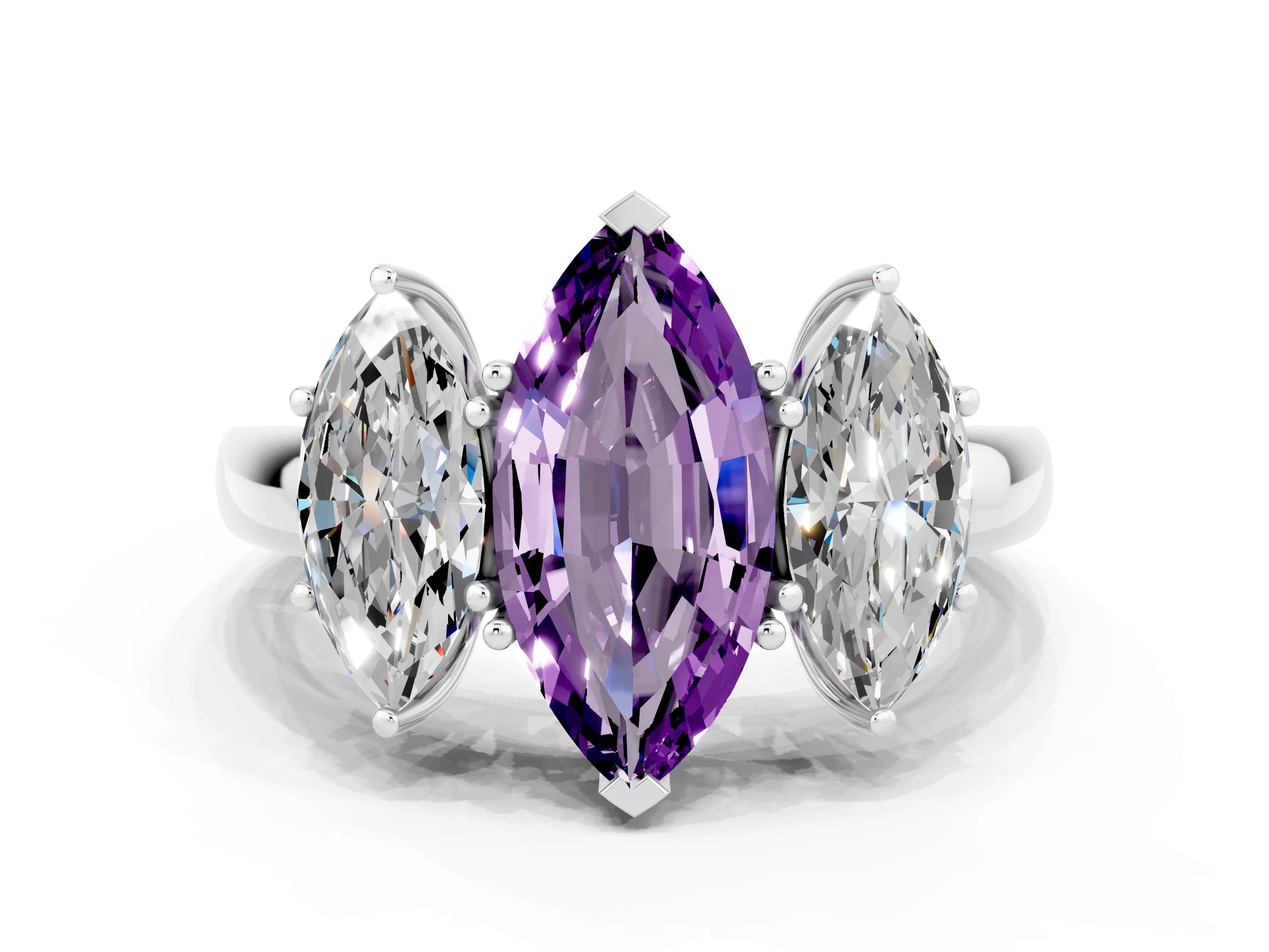 White gold Marquise Cut Amethyst Three-Stone Ring with Four-Prong Setting and Classic Band