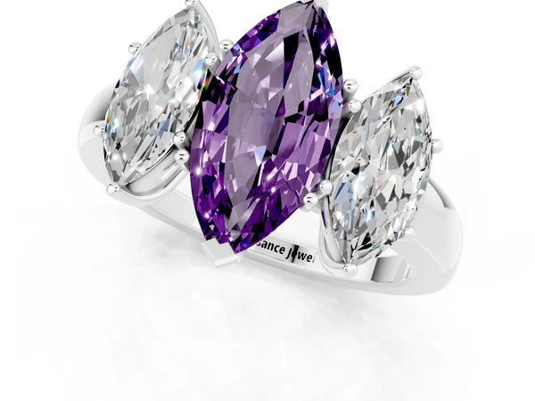 Platinum Marquise Cut Amethyst Three-Stone Ring with Four-Prong Setting and Classic Band