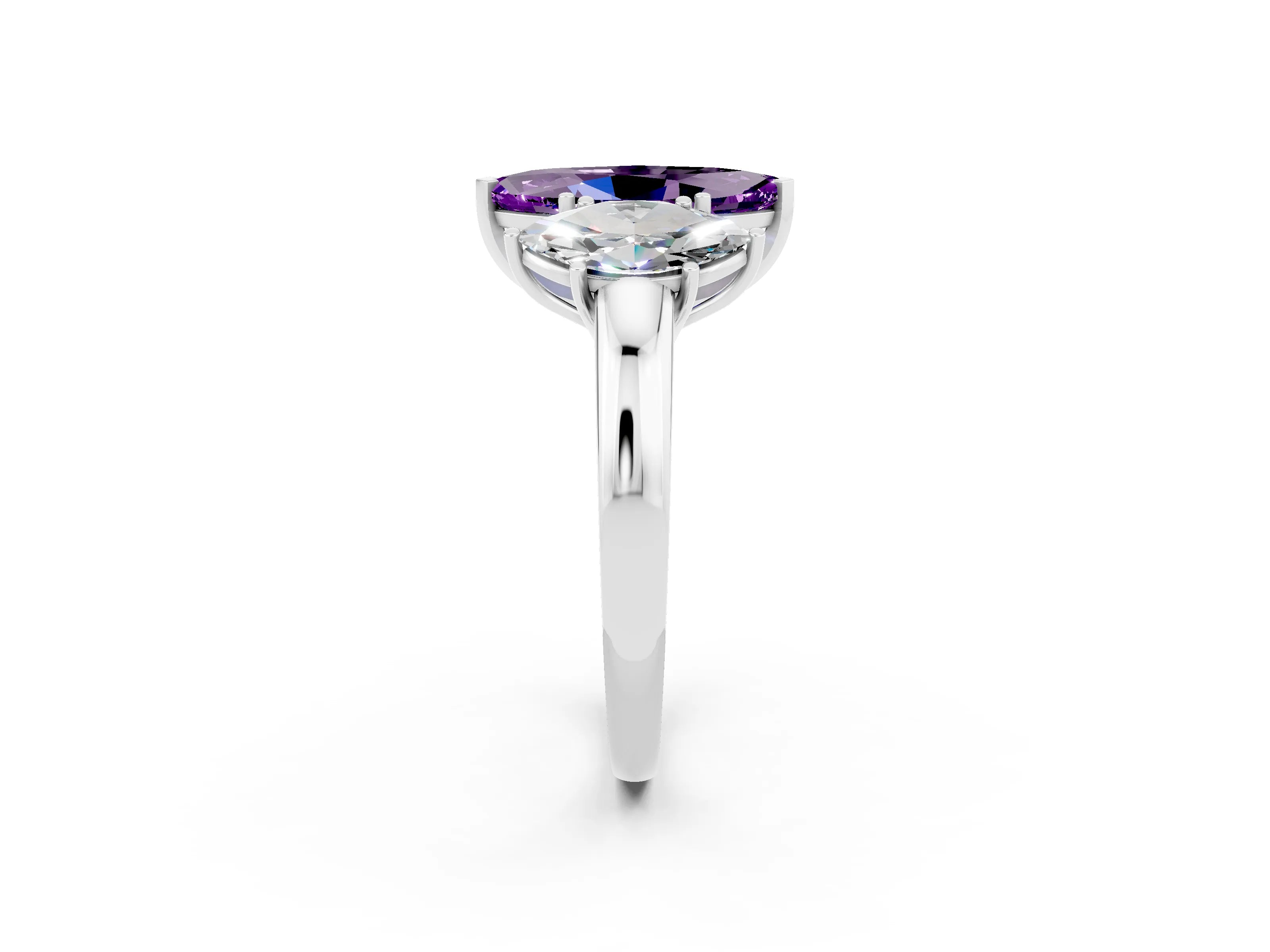 White gold Marquise Cut Amethyst Three-Stone Ring with Four-Prong Setting and Classic Band_2