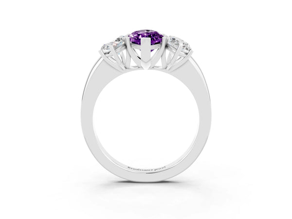 Platinum Marquise Cut Amethyst Three-Stone Ring with Four-Prong Setting and Classic Band