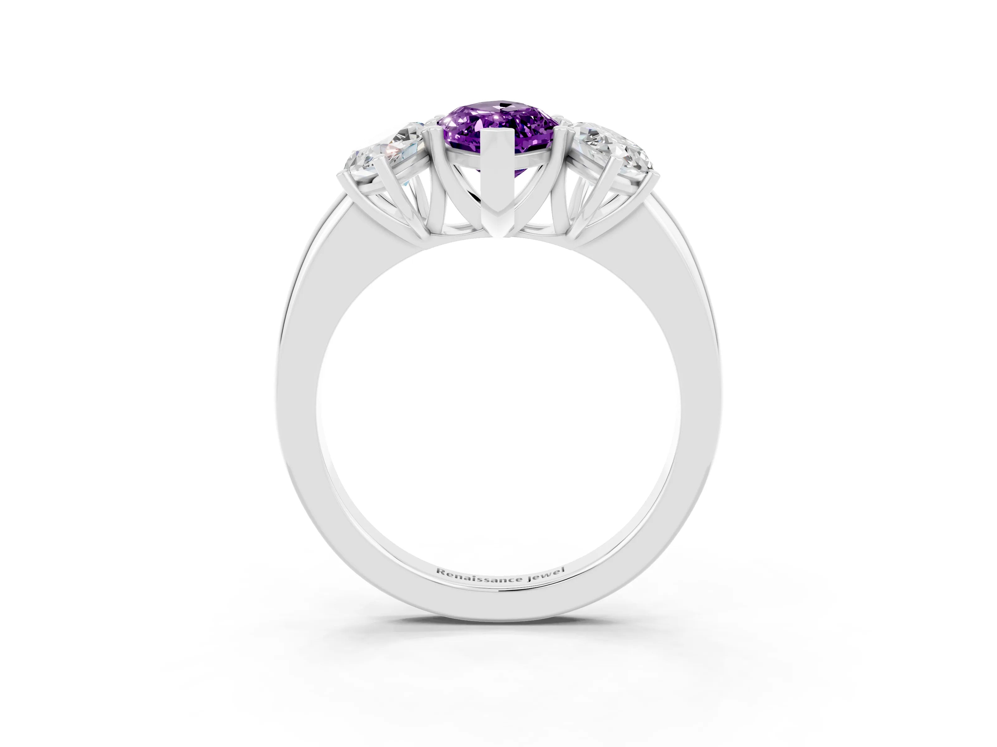 White gold Marquise Cut Amethyst Three-Stone Ring with Four-Prong Setting and Classic Band_3