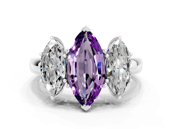 Silver Marquise Cut Amethyst Three-Stone Ring with Four-Prong Setting and Classic Band