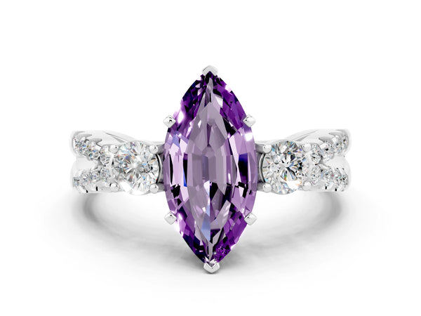 Platinum Marquise Cut Amethyst Three-Stone Ring with Pavé Split Shank and Four-Prong Setting