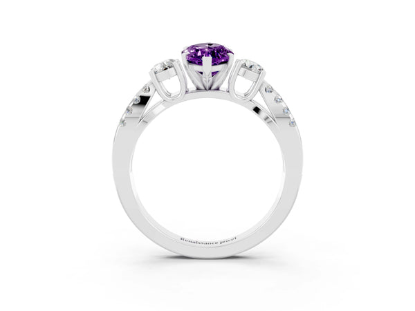 Platinum Marquise Cut Amethyst Three-Stone Ring with Pavé Split Shank and Four-Prong Setting