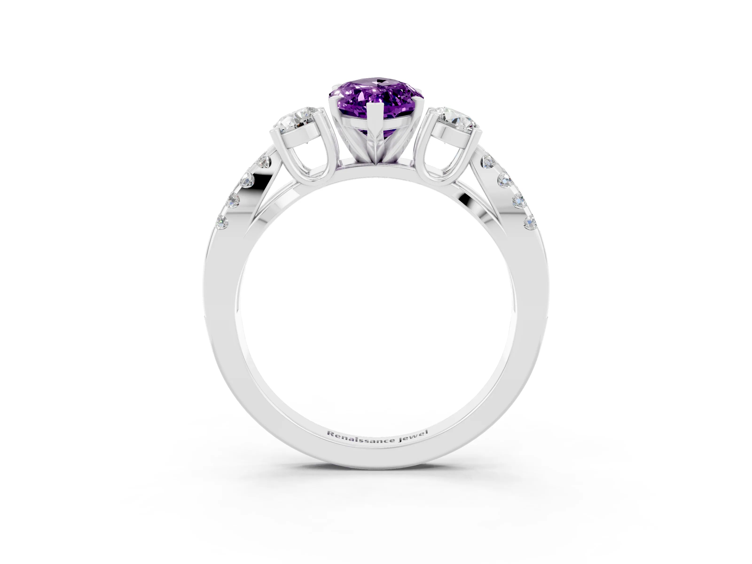 White gold Marquise Cut Amethyst Three-Stone Ring with Pavé Split Shank and Four-Prong Setting_15