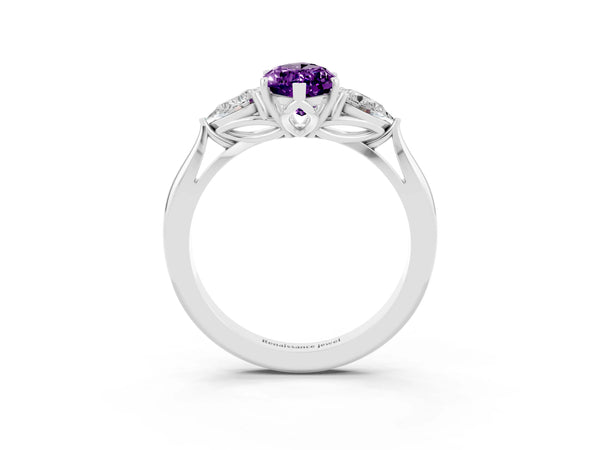 Platinum Marquise Cut Amethyst Three-Stone Ring with Pear Side Stones and Prong Setting