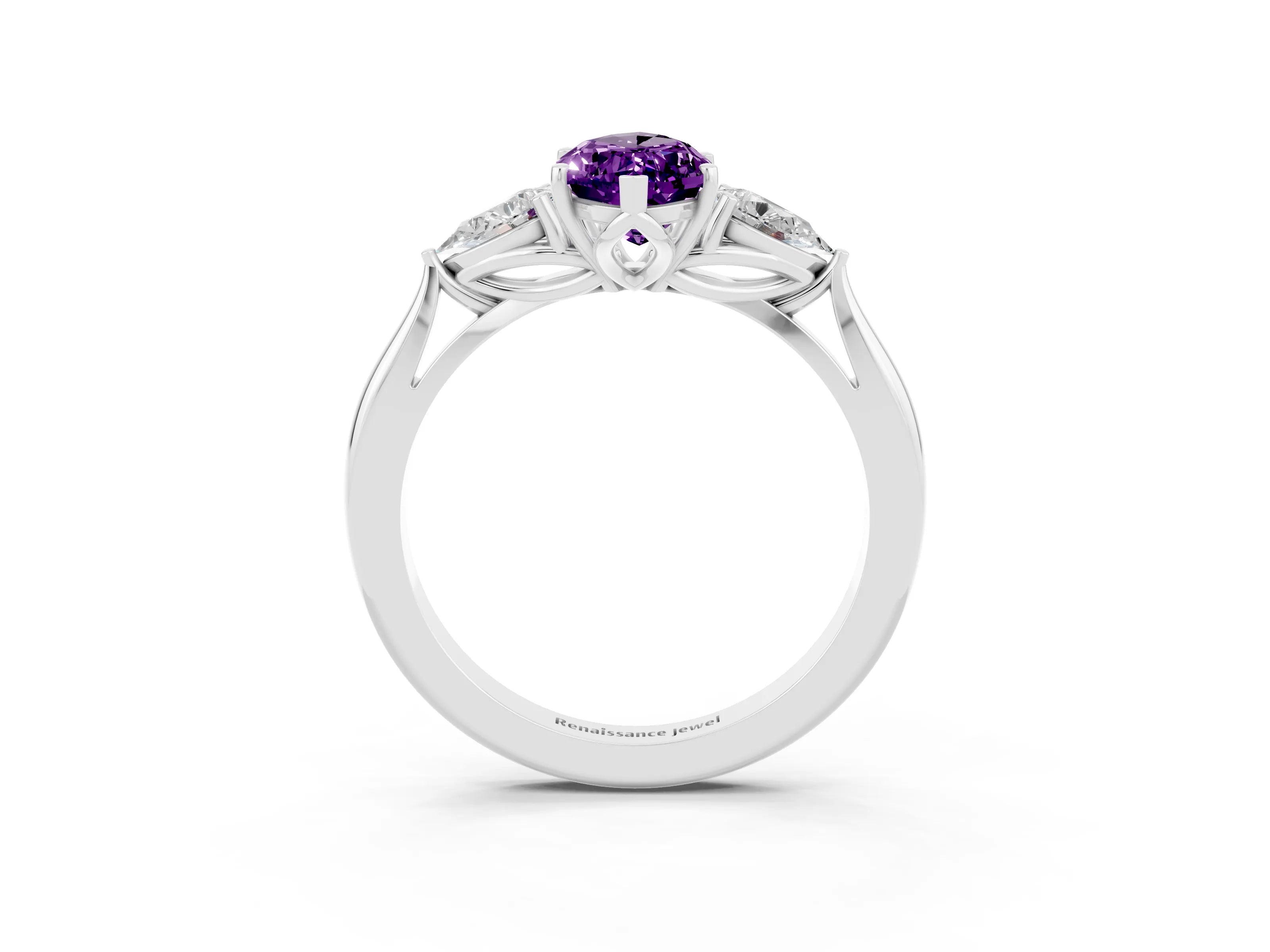 White gold Marquise Cut Amethyst Three-Stone Ring with Pear Side Stones and Four-Prong Setting_15