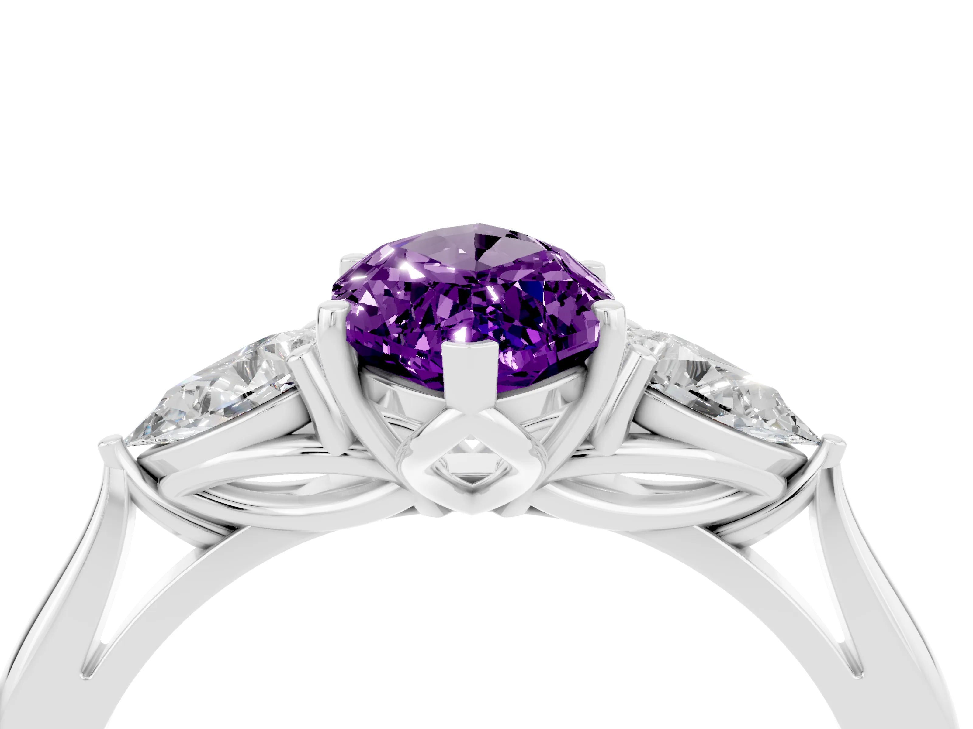 White gold Marquise Cut Amethyst Three-Stone Ring with Pear Side Stones and Four-Prong Setting_16