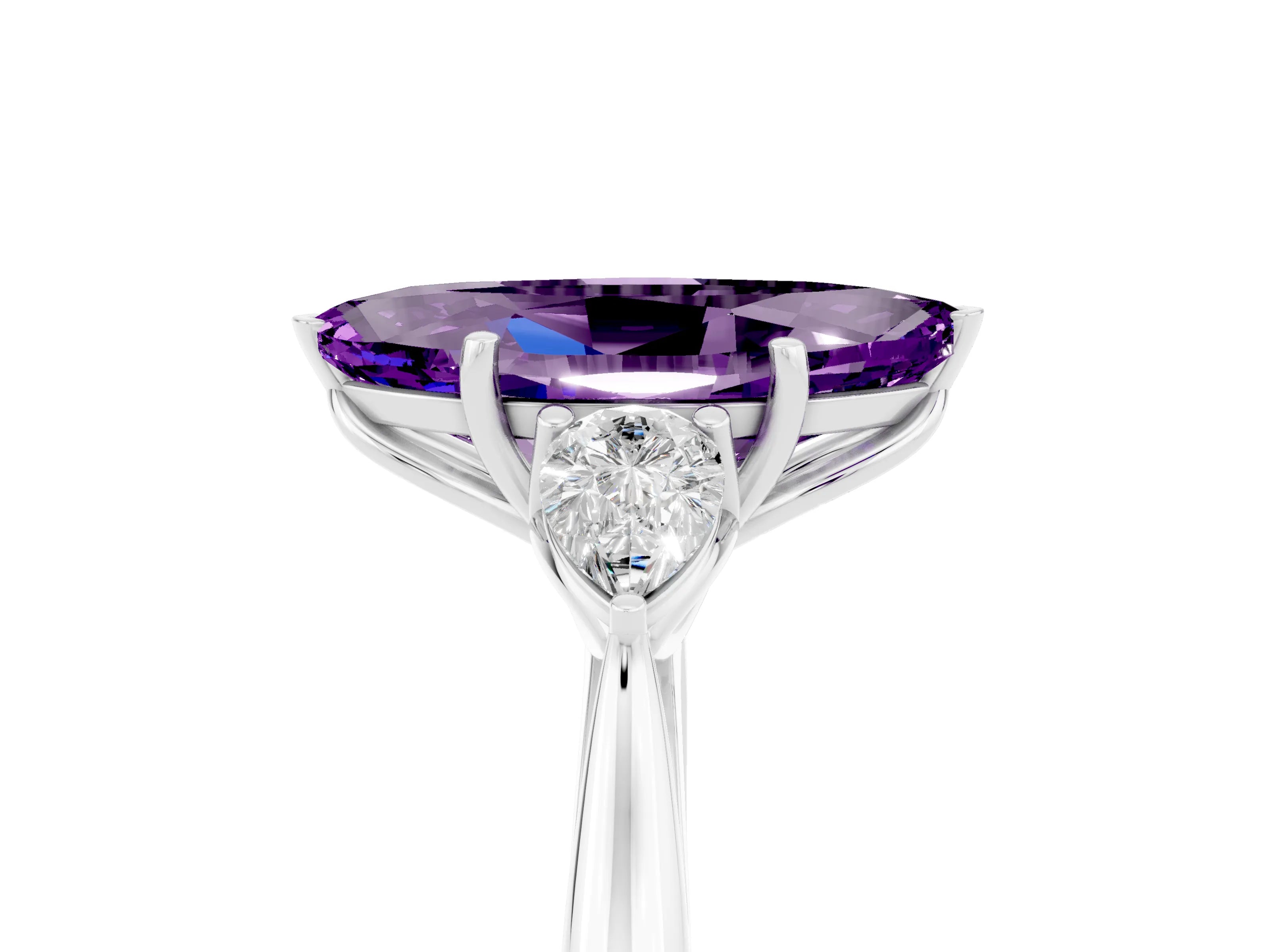 White gold Marquise Cut Amethyst Three-Stone Ring with Pear Side Stones and Four-Prong Setting_17