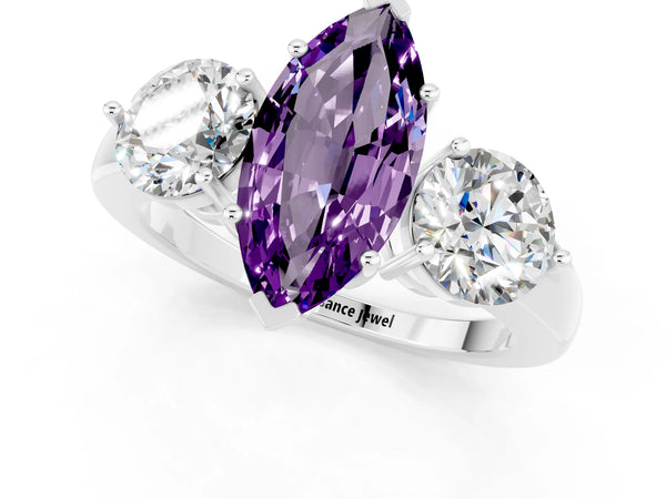 Platinum Marquise Cut Amethyst Three-Stone Ring with Prong Setting and Classic Band