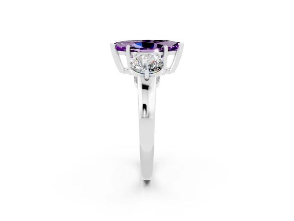 Silver Marquise Cut Amethyst Three-Stone Ring with Prong Setting and Classic Band
