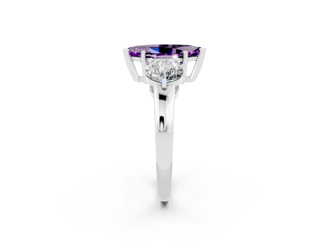 White gold Marquise Cut Amethyst Three-Stone Ring with Prong Setting and Classic Band_2