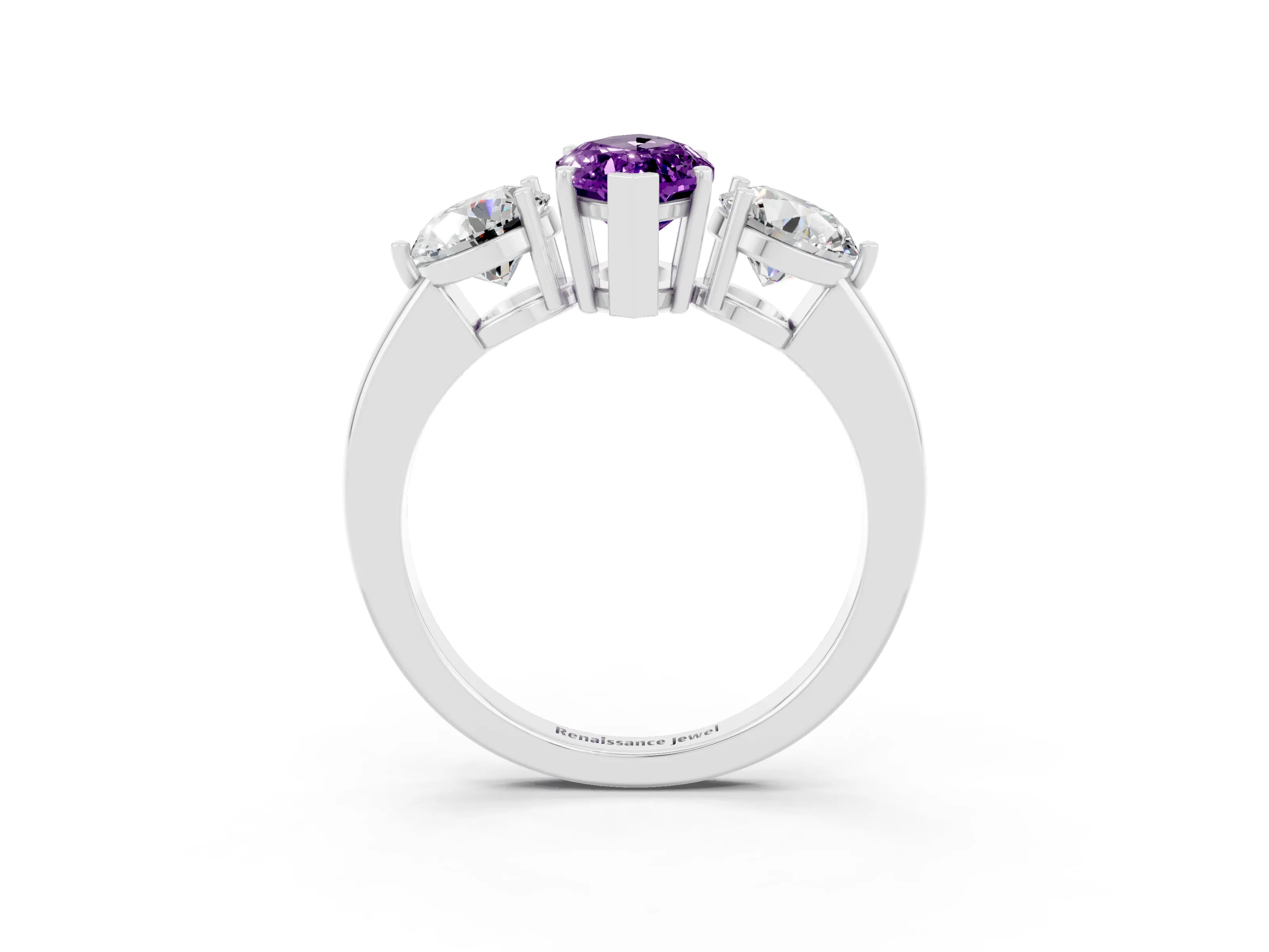 White gold Marquise Cut Amethyst Three-Stone Ring with Prong Setting and Classic Band_3