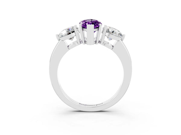 Platinum Marquise Cut Amethyst Three-Stone Ring with Prong Setting and Classic Band