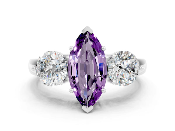 White gold Marquise Cut Amethyst Three-Stone Ring with Prong Setting and Classic Band