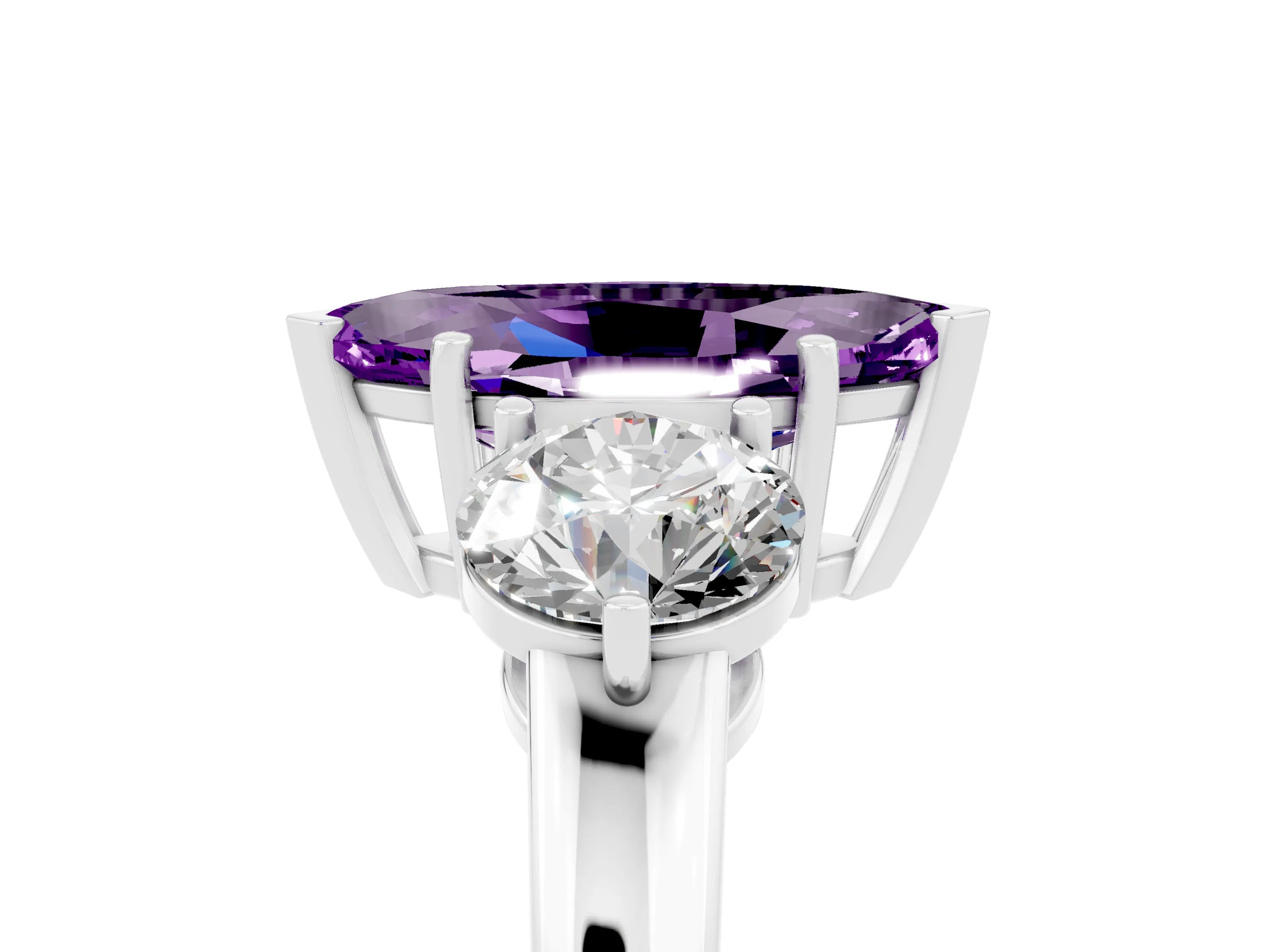 White gold Marquise Cut Amethyst Three-Stone Ring with Prong Setting and Classic Band_5