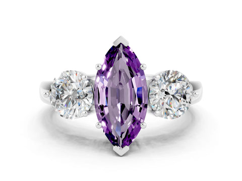 White gold Marquise Cut Amethyst Three-Stone Ring with Prong Setting and Classic Band