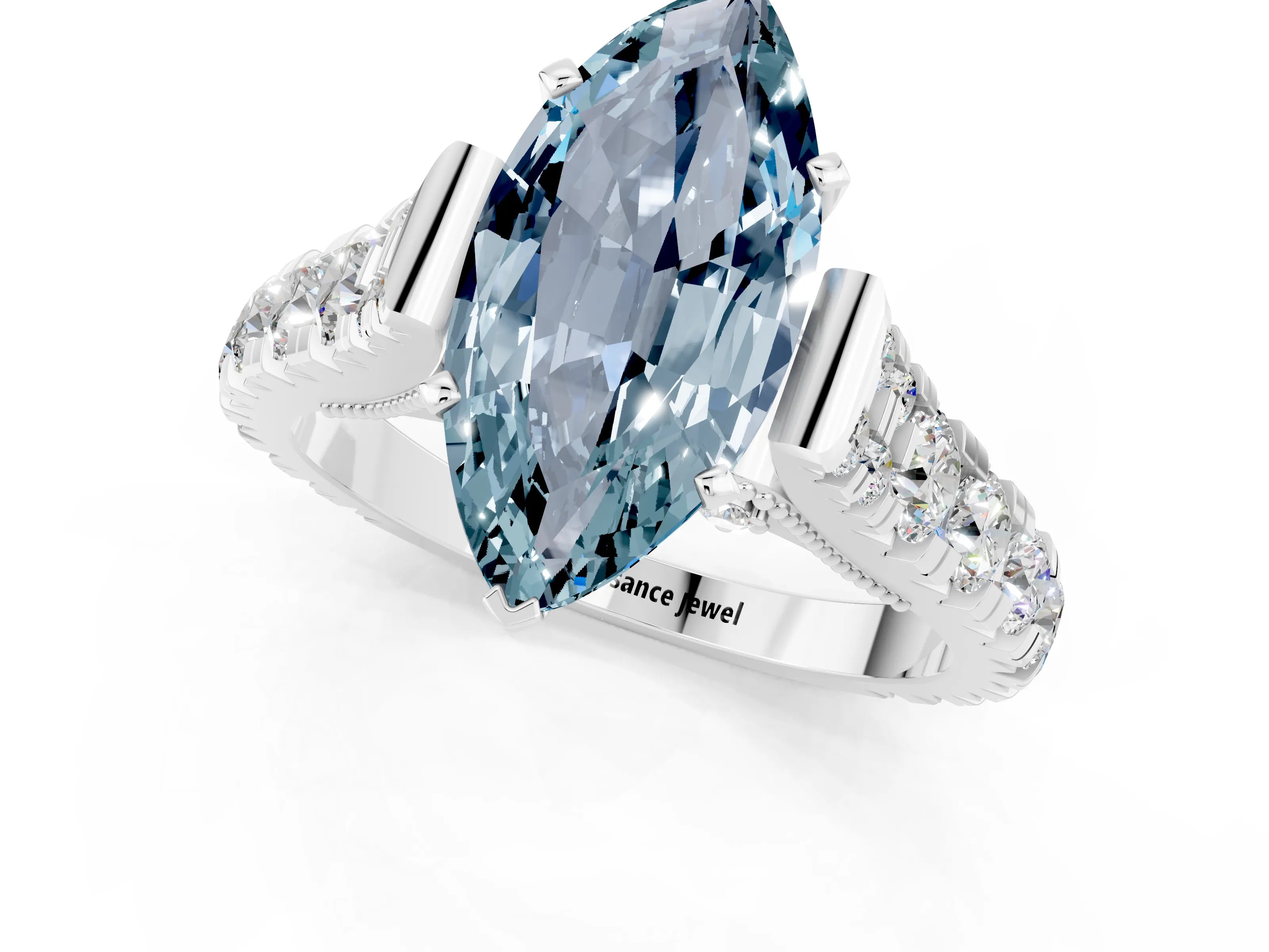 White gold Marquise Cut Aquamarine Classic Solitaire Ring with Pavé Band and Four-Prong Setting_1
