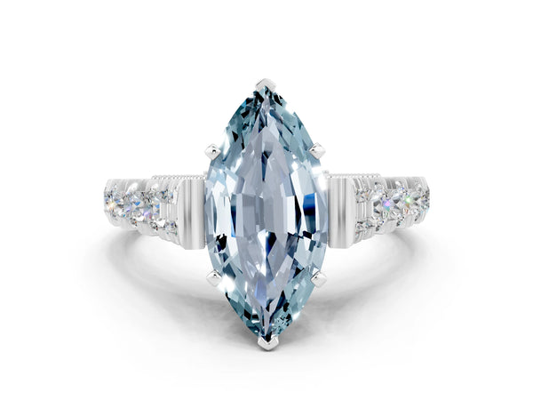 White gold Marquise Cut Aquamarine Classic Solitaire Ring with Pavé Band and Four-Prong Setting