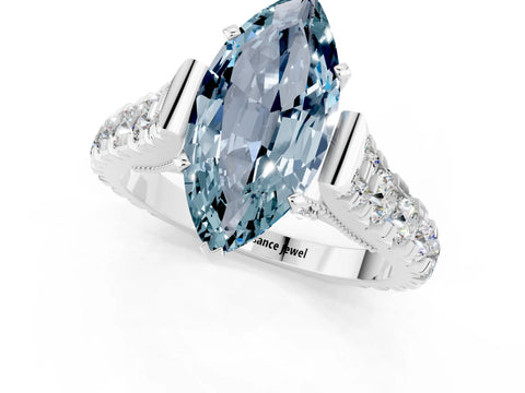 White gold Marquise Cut Aquamarine Classic Solitaire Ring with Pavé Band and Four-Prong Setting_1